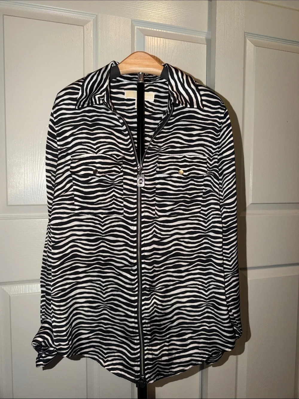 Zebra Print Zip-Front Women's Blouse- Black & White